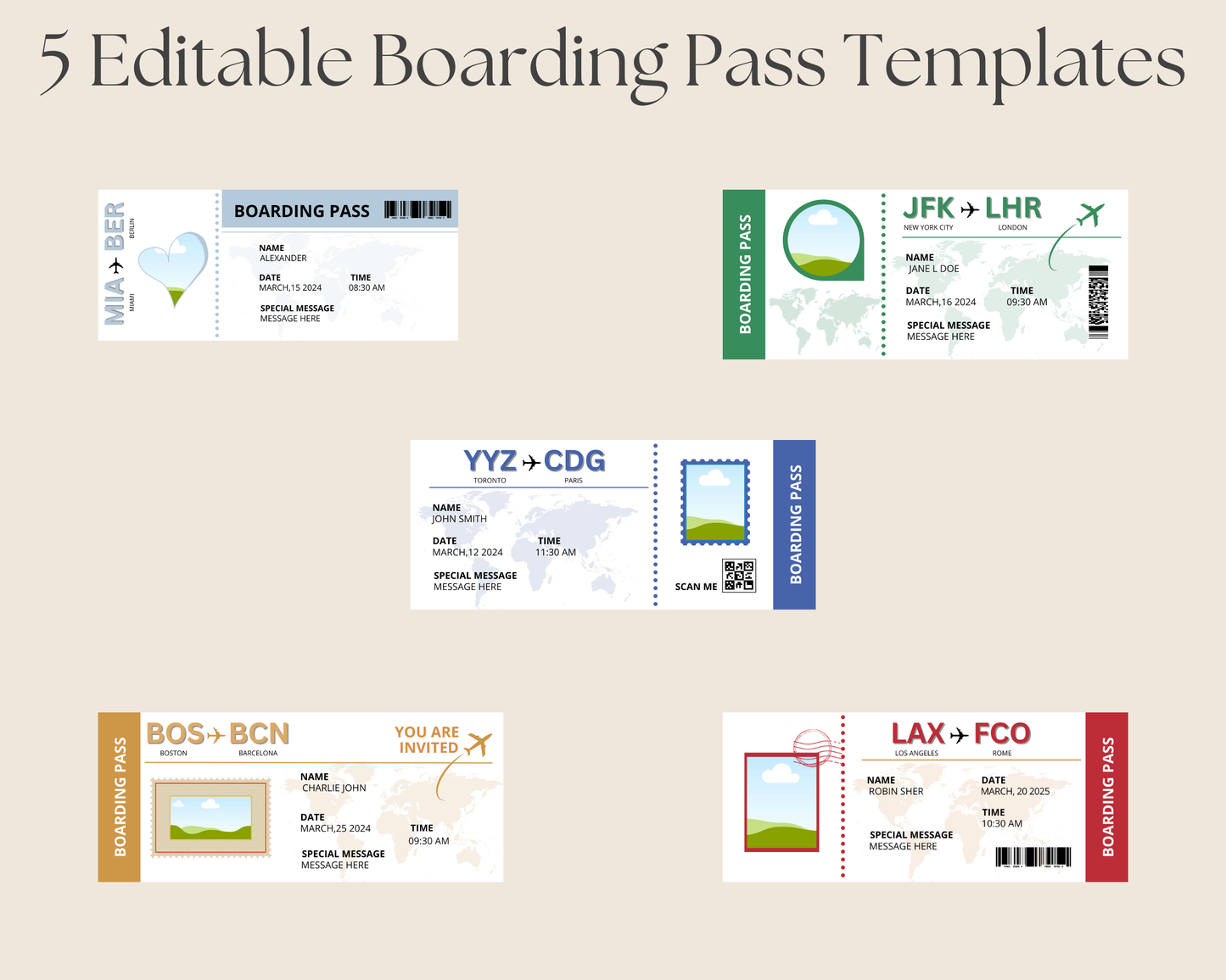 Editable Boarding Pass Invitation Templates - Set of 5 Unique Designs