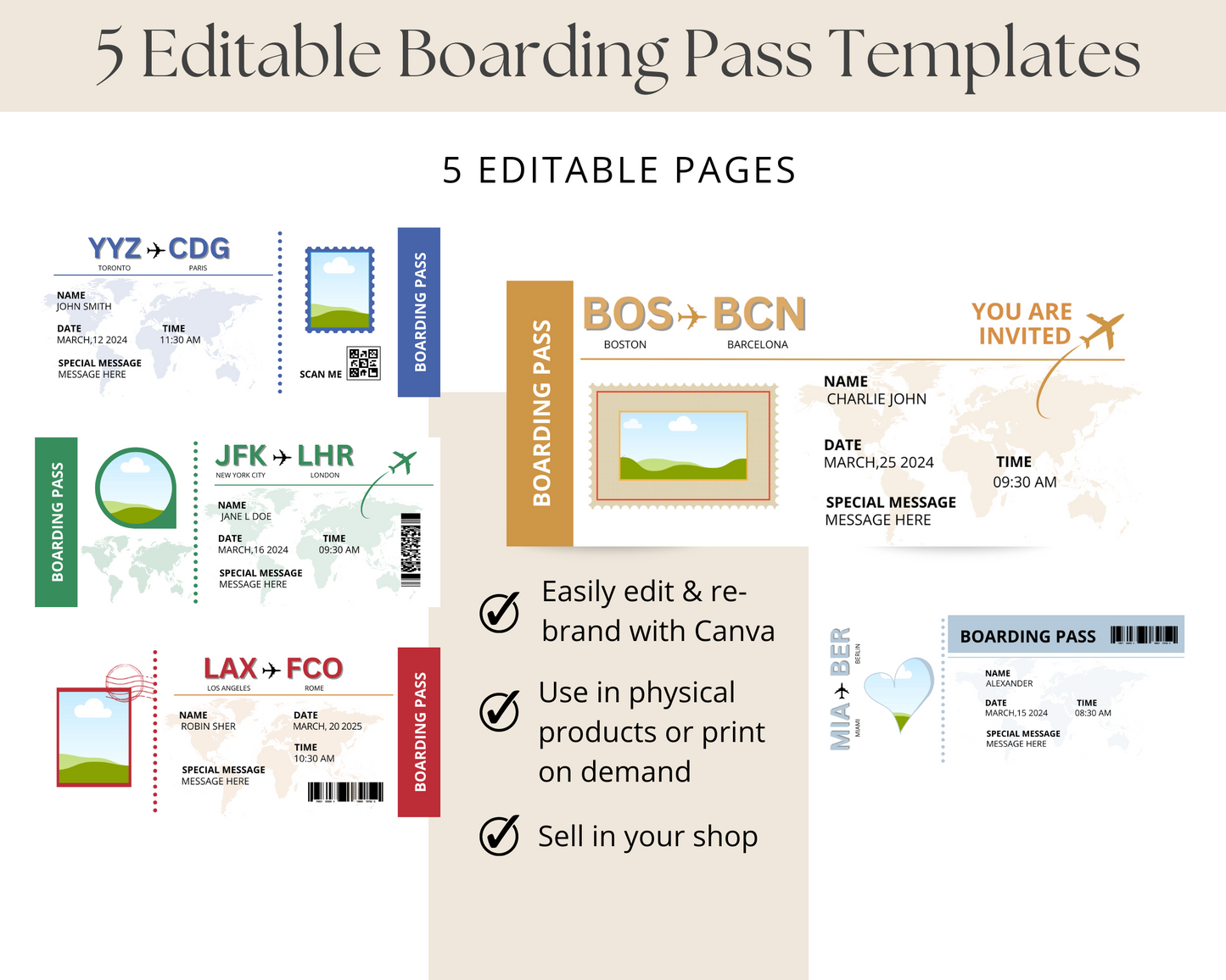 Editable Boarding Pass Invitation Templates - Set of 5 Unique Designs