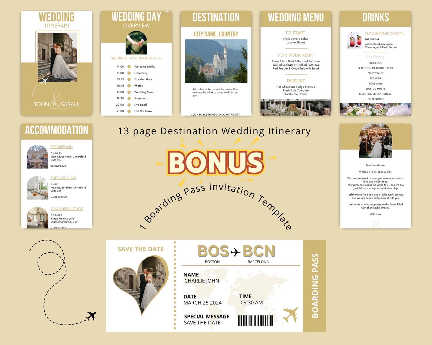 Mobile Destination Wedding Itinerary + 1 Boarding Pass Invitation Template